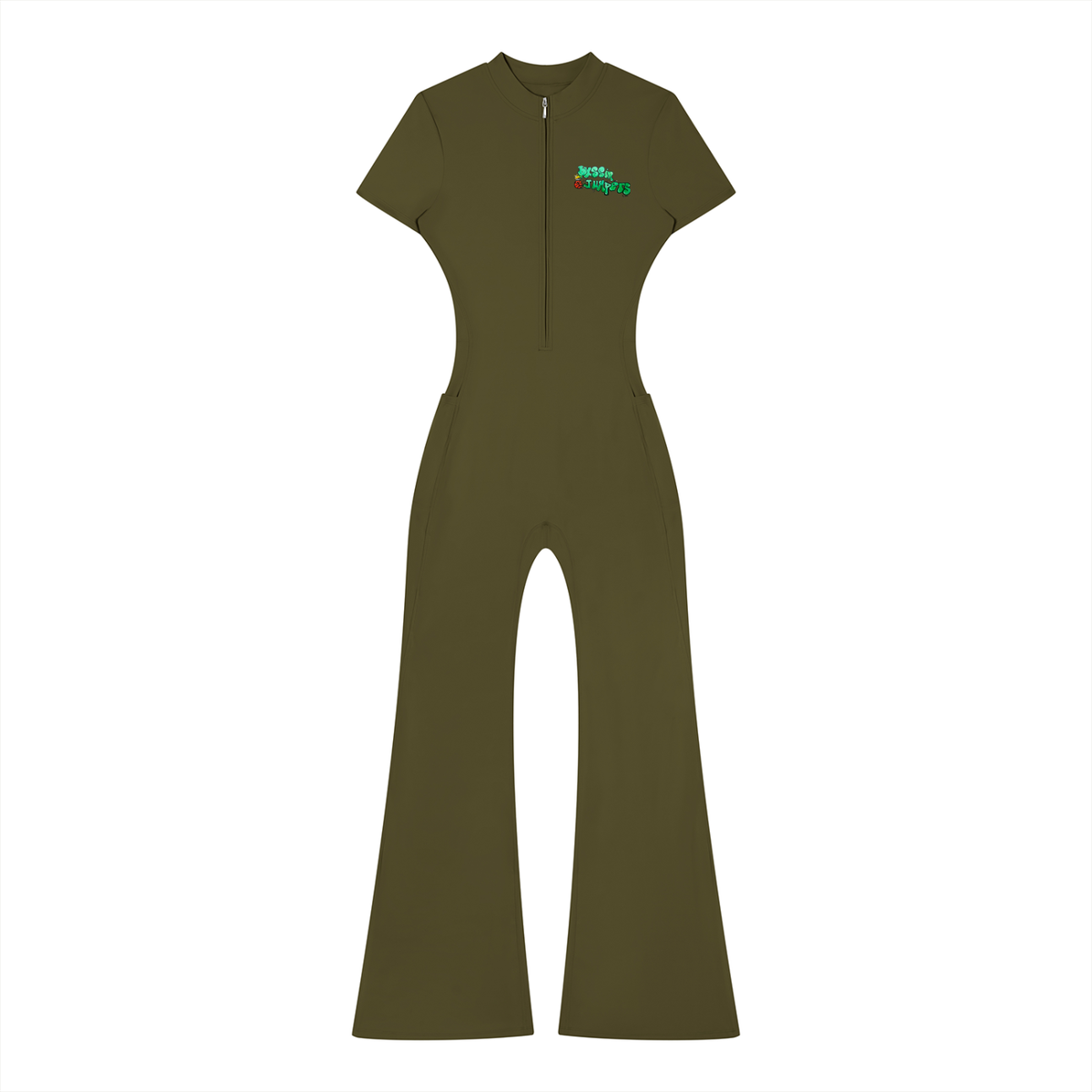 Street Green Tight Flared Leg Quarter-Zip Jumpsuit