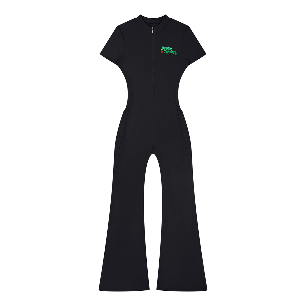 Street Green Tight Flared Leg Quarter-Zip Jumpsuit
