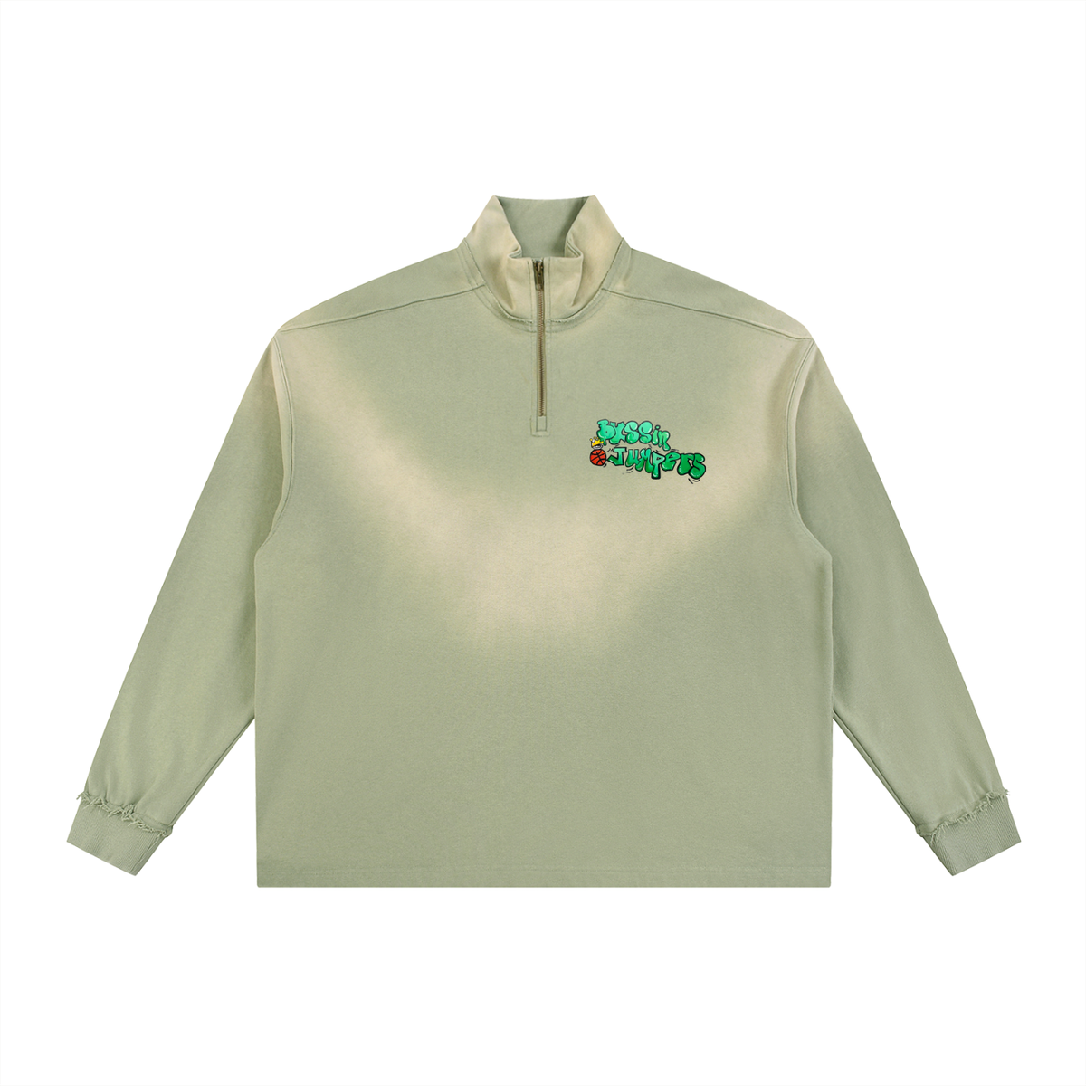 Sun Fade Street Green Raw Edge Quarter-Zip Sweatshirt