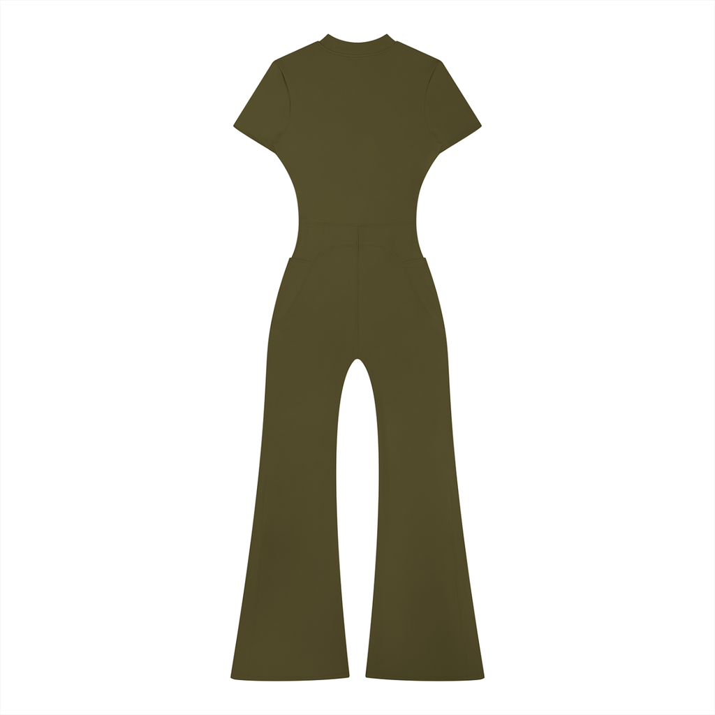 Street Green Tight Flared Leg Quarter-Zip Jumpsuit