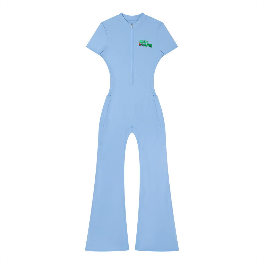 Street Green Tight Flared Leg Quarter-Zip Jumpsuit